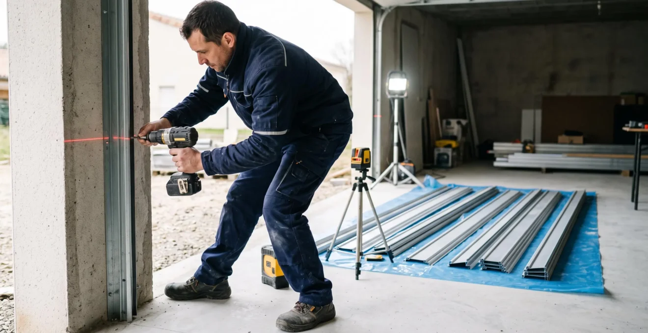 Installateur professionnel en bleu de travail fixant le rail de guidage vertical d'une porte de garage enroulable avec perceuse sans fil, niveau laser projetant ligne de référence rouge, lames aluminium au sol
