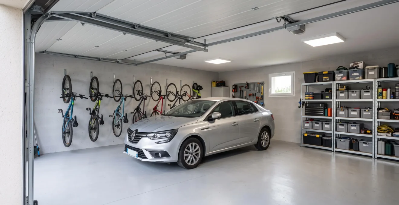 Vue intérieure d'un garage résidentiel français avec porte enroulable, montrant voiture stationnée, vélos suspendus au mur et étagères de rangement, avec pleine hauteur sous plafond préservée par le système compact