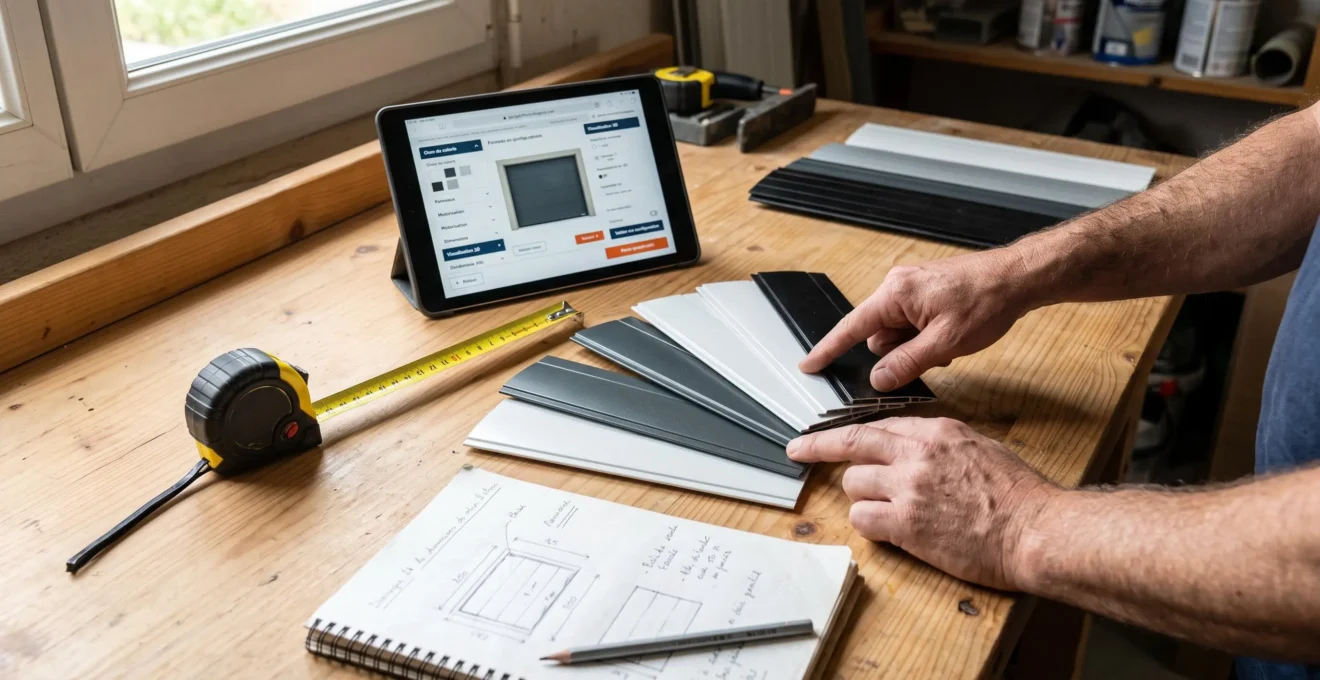 Plan de travail avec échantillons de lames aluminium de porte de garage en différentes teintes RAL, mètre ruban professionnel, carnet de notes manuscrit et tablette affichant configurateur en français
