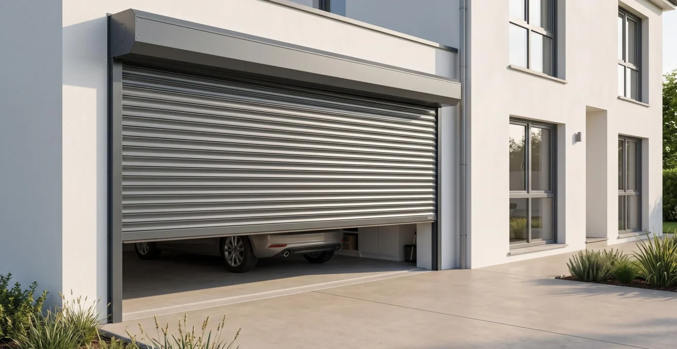 Porte de garage enroulable en aluminium anthracite à mi-hauteur sur façade de maison contemporaine française, révélant l'intérieur du garage avec véhicule stationné et système d'enroulement compact