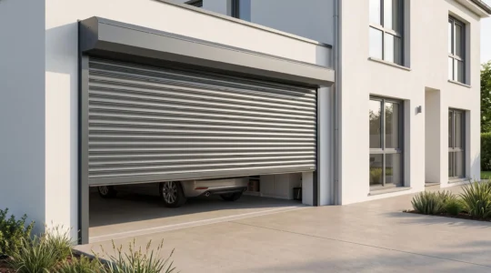 Porte de garage enroulable en aluminium anthracite à mi-hauteur sur façade de maison contemporaine française, révélant l'intérieur du garage avec véhicule stationné et système d'enroulement compact